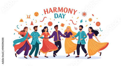 Illustration of diverse people celebrating Harmony Day with colorful decorations and joyful movements on a white background.