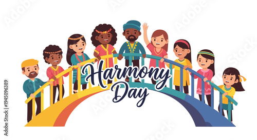 Illustration of diverse people standing on a colorful bridge celebrating Harmony Day with a vibrant design on a white background.