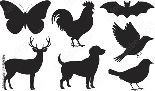 Silhouettes of Various Animals and Birds butterfly rooster