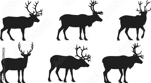 Six Black Silhouette Reindeer Icons With Antlers On White Background Keywords: reindeer, deer, elk, stag, caribou, animal