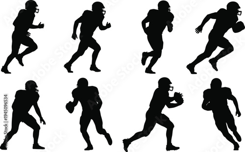 American football player silhouettes set featuring athletes running throwing and tackling in various action poses for sports graphic design, 17 words.American football player silhouettes set featuring