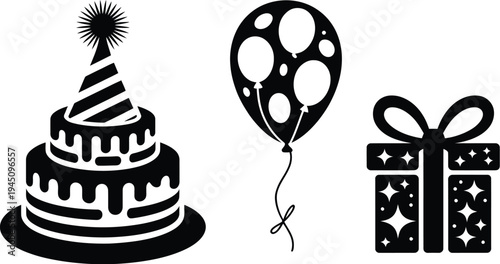 Celebration icons featuring a cake, a balloon, and a wrapped gift box.
