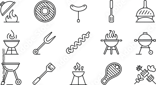 Collection of various camping and outdoor cooking tools and equipment icons