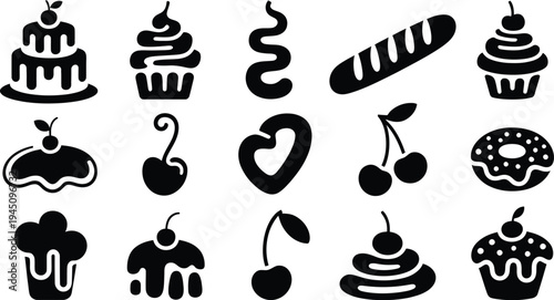 Delightful assortment of black and white dessert icons and symbols