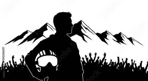Silhouette of a skier holding helmet with cheering crowd and snowy mountains background