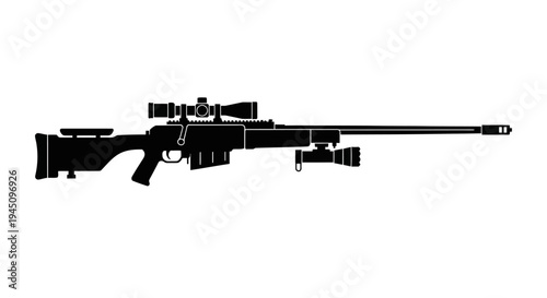 Silhouette of a sniper rifle with scope and bipod, isolated on white background