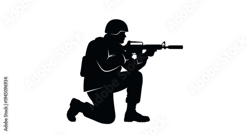 Silhouette of a soldier kneeling with rifle, ready for action, military concept