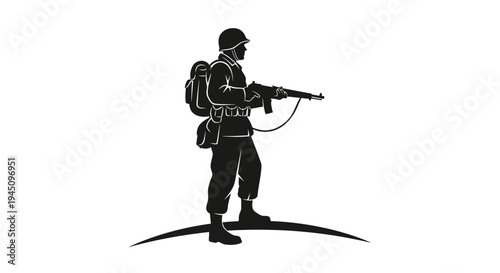 Silhouette of a Soldier with Rifle and Backpack Standing on Hilltop
