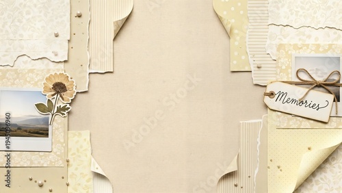 Vintage scrapbook page with memories tag and photo, beige tones