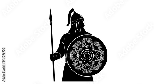 Silhouette of a warrior with spear and shield, ancient armor, historical battle concept