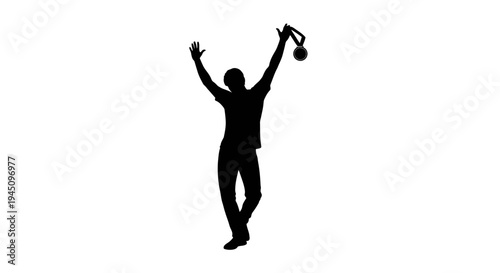 Silhouette of a triumphant athlete holding a medal high with arms raised in victory celebration