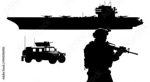 Silhouette of Aircraft Carrier, Soldier, and Humvee - Military Power and Technology