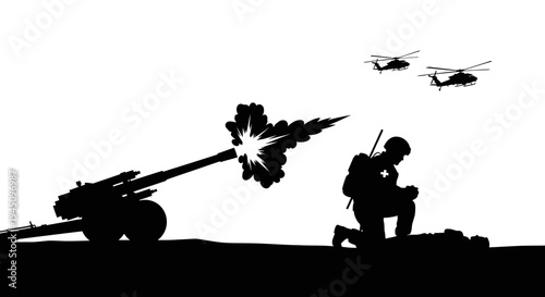 Silhouette of Artillery Firing with Helicopters Flying Overhead
