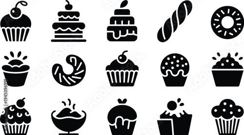 Black and white icons of various desserts and baked goods