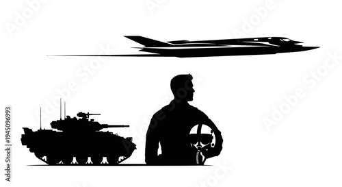 Silhouette of Fighter Jet, Tank, and Driver at Steering Wheel
