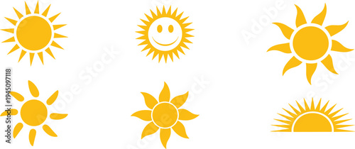 Six Yellow Sun Icons With Different Designs On White Background illustration