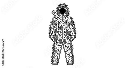 Sniper Camouflage Suit Ghillie Suit with Rifle, Stealth Military Soldier in Woodland Camo