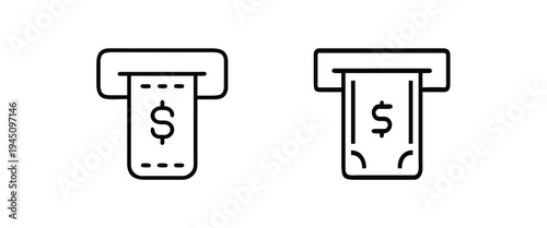 ATM machine and cash withdrawal outline icon set featuring money dispense for banking transaction and more vector illustration or editable stroke