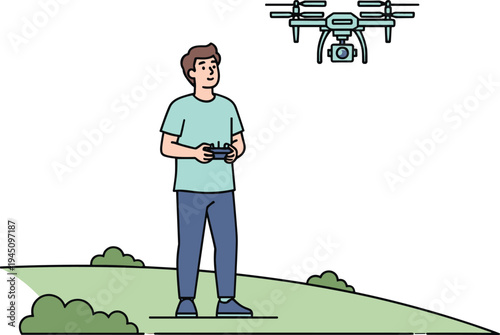 Man controlling flying drone with remote controller outdoor aerial photography and technology hobby concept flat vector illustration for modern drone operation