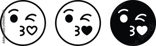 Winking Kissing Face Emoji Icons Black and White Vector Graphics illustration