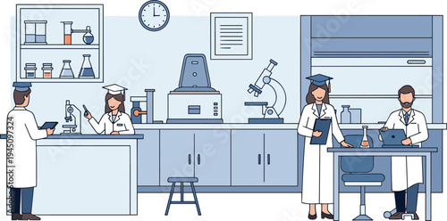 Scientists working in laboratory conducting scientific research with microscopes and lab equipment medical science experiment concept flat vector illustration for laboratory research team