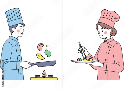 Professional chefs cooking food in kitchen and plating gourmet dish culinary art concept flat vector illustration for restaurant cooking and food service