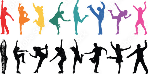 Vibrant And Black Silhouettes Of People Performing Energetic Dance Moves dancing colorful
