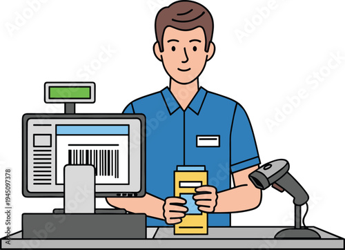 Store cashier scanning product barcode at checkout counter retail payment service concept flat vector illustration for supermarket shopping and point of sale