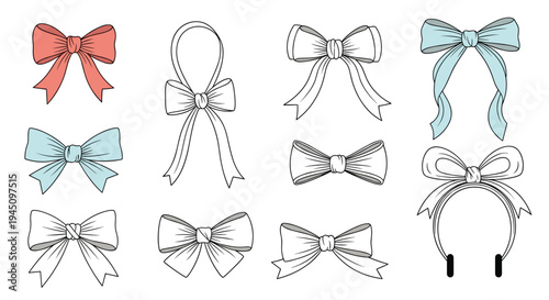 Collection of different hand-drawn decorative bows and ribbons in various styles and colors for gift wrapping and fashion design projects.