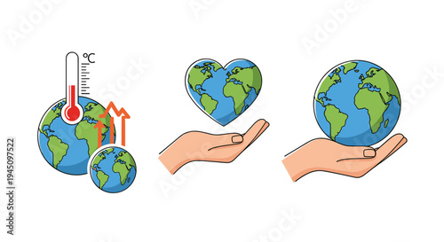 Concept of environmental protection showing hands holding a warming earth, a heart-shaped earth, and a healthy globe to promote climate awareness.