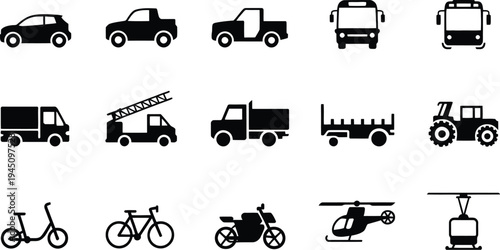 Diverse collection of black and white transportation and utility vehicles