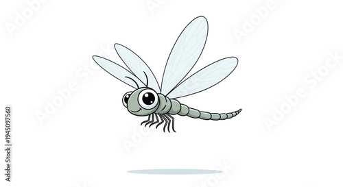 Friendly cartoon dragonfly character with large eyes and translucent wings flying over a white background in a simple and clean art style.