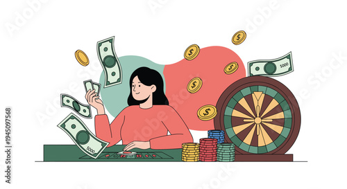 Happy young woman winning at a casino table with flying dollar bills, gold coins, stacks of chips, and a colorful roulette wheel in the background.
