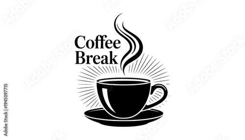 A coffee cup icon with steam and saucer in black silhouette