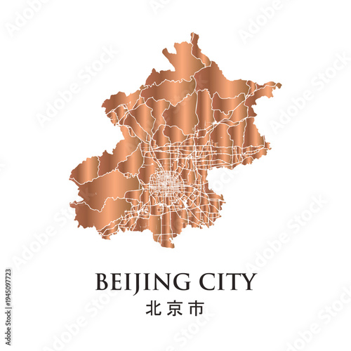 Map of Beijing, the capital of China. The golden map shows the name in both English and Chinese below.