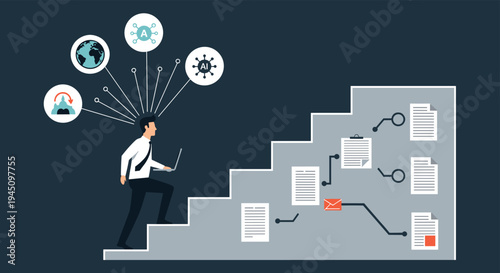 Businessman climbing a staircase towards success while multitasking with a laptop and various floating digital icons representing career growth.