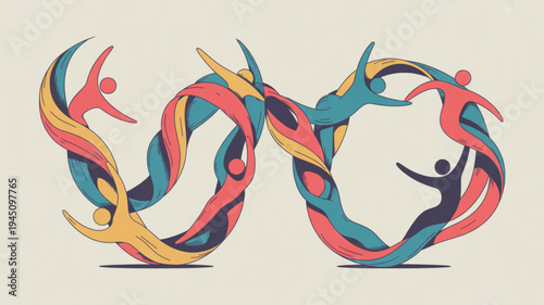 Vibrant colorful people forming a circle with swirling abstract shapes in a dynamic illustration