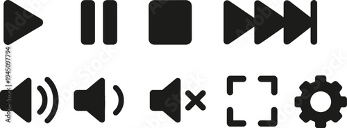 Media player control icons set in black silhouette vector illustration