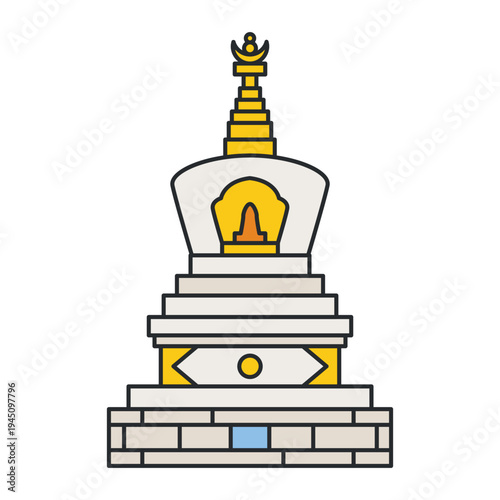 Buddhist stupa monument with golden spire and prayer niche. Sacred religious architecture landmark. Illustration isolated on white background.