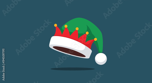 Festive green and red elf hat with a white fuzzy trim and a jingle bell floating against a dark blue background for Christmas holiday designs.