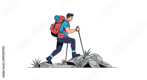 Adventurous man with a large backpack and trekking poles hiking up a rocky mountain trail under a clear sky representing outdoor activities.