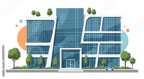 Modern glass architectural building with an eco-friendly design featuring rooftop gardens and green trees under a bright sunny sky.