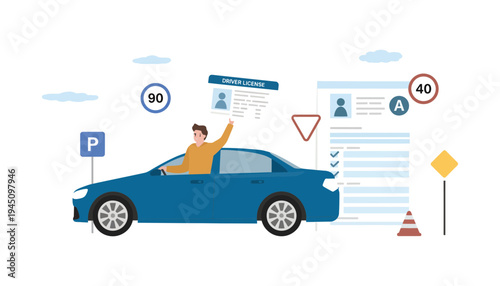 A blue car with a man holding a driver's license illustration