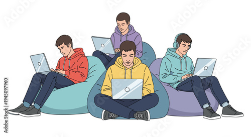 Group of young professionals or students working on laptops while sitting comfortably in colorful bean bag chairs in a relaxed office environment.