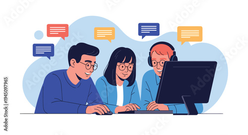 Diverse group of young friends using a computer together while colorful chat bubbles float above them representing social media communication.
