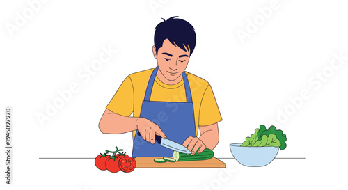 Young man wearing a blue apron carefully slicing a green cucumber on a wooden cutting board in a clean kitchen with fresh vegetables nearby.