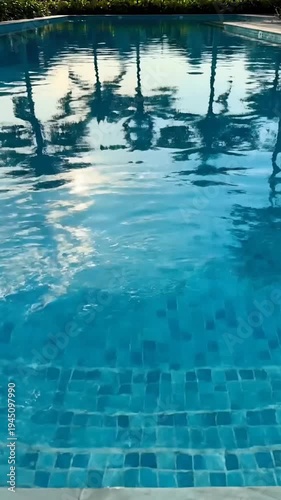 Reflections of palm trees and clouds in a clear blue swimming pool