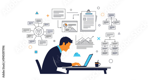 Focused professional working on a laptop surrounded by complex flowcharts and business infographics representing project planning and data analysis.