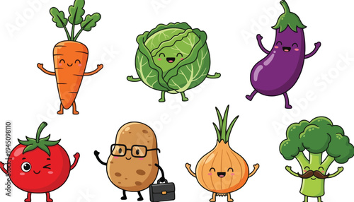A colorful cartoon vegetable set with smiling characters and cute faces