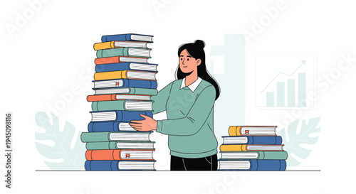 Young woman librarian or student standing next to a massive stack of textbooks representing extensive research, education, and knowledge.